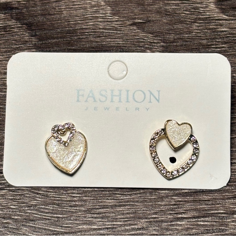 5/$20!! Golden Heart Earrings with rhinestones and faux mother of pearl